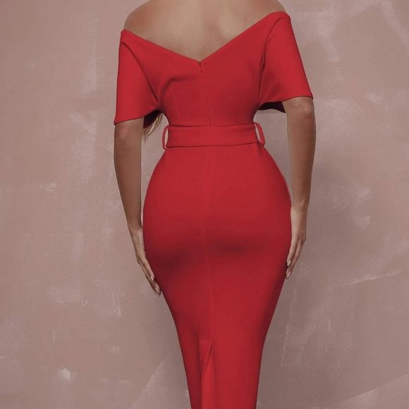 Surplice Neck Off Shoulder Backless Front Buckle Belted Cocktail Party Dress - Picture 2 of 5